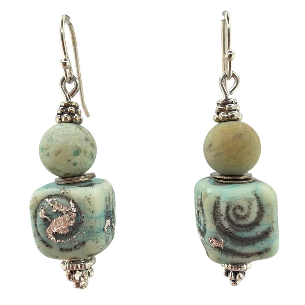 NEW Artisan Handcrafted Raku Pottery and Amazonite Dangle Earrings